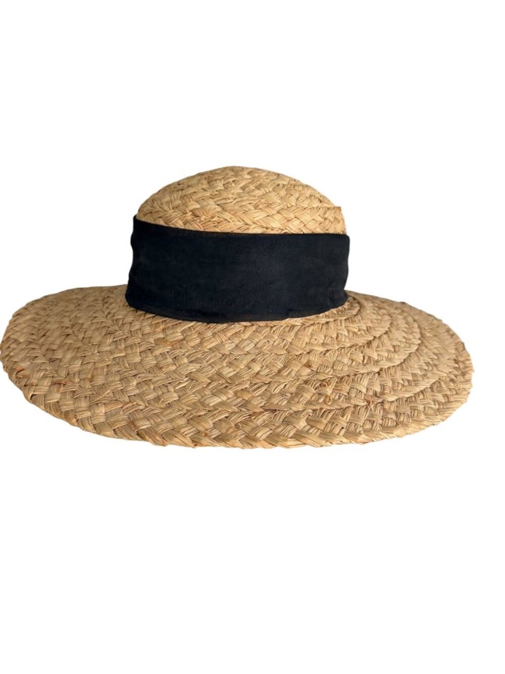 Vintage Woven Raffia Straw Sun Hat 16" Wide Brim Black Sash Boho Resort